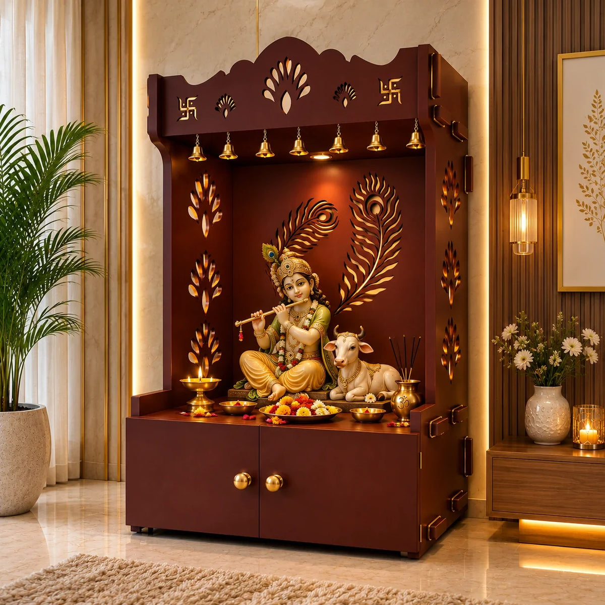 Premium Art of Mor Pankh Floor Temple with Spacious Wooden Shelf & Inbuilt Focus Light- Brown Finish