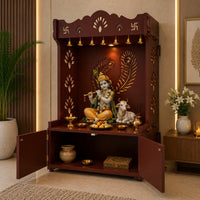 Premium Art of Mor Pankh Floor Temple with Spacious Wooden Shelf & Inbuilt Focus Light- Brown Finish