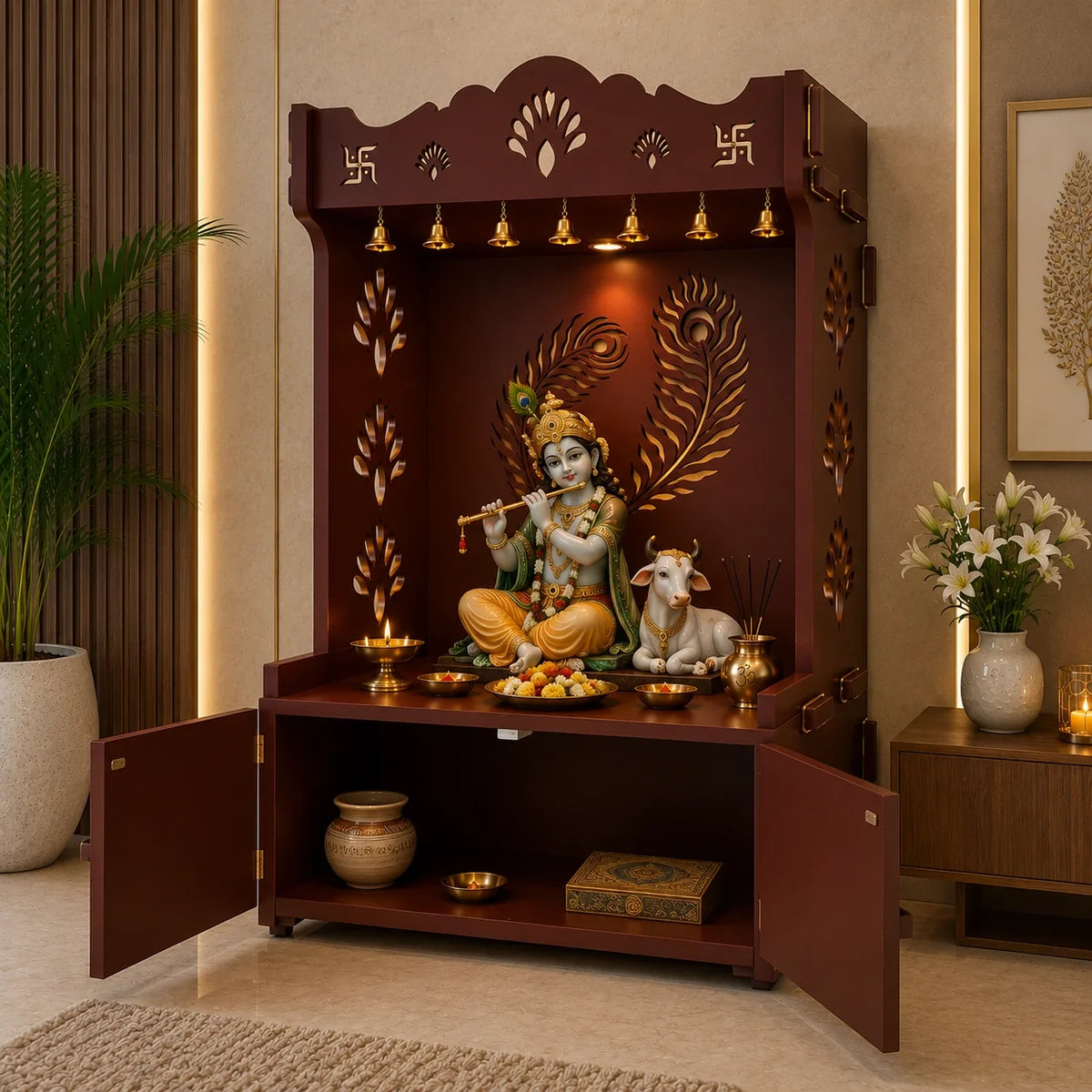 Premium Art of Mor Pankh Floor Temple with Spacious Wooden Shelf & Inbuilt Focus Light- Brown Finish