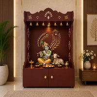 Premium Art of Mor Pankh Floor Temple with Spacious Wooden Shelf & Inbuilt Focus Light- Brown Finish