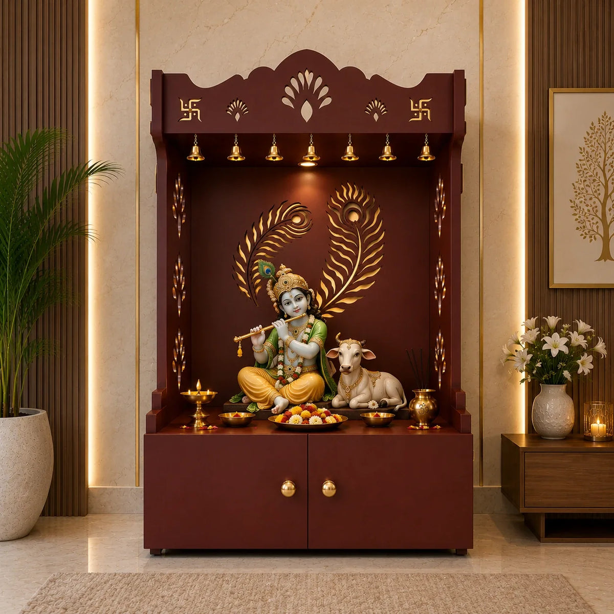 Premium Art of Mor Pankh Floor Temple with Spacious Wooden Shelf & Inbuilt Focus Light- Brown Finish