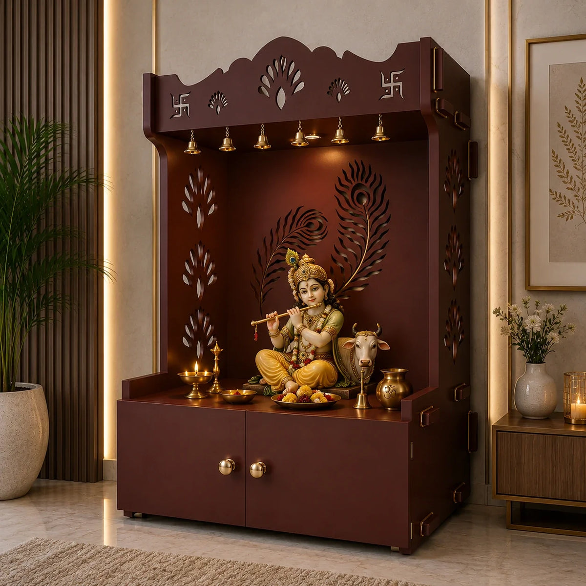 Premium Art of Mor Pankh Floor Temple with Spacious Wooden Shelf & Inbuilt Focus Light- Brown Finish