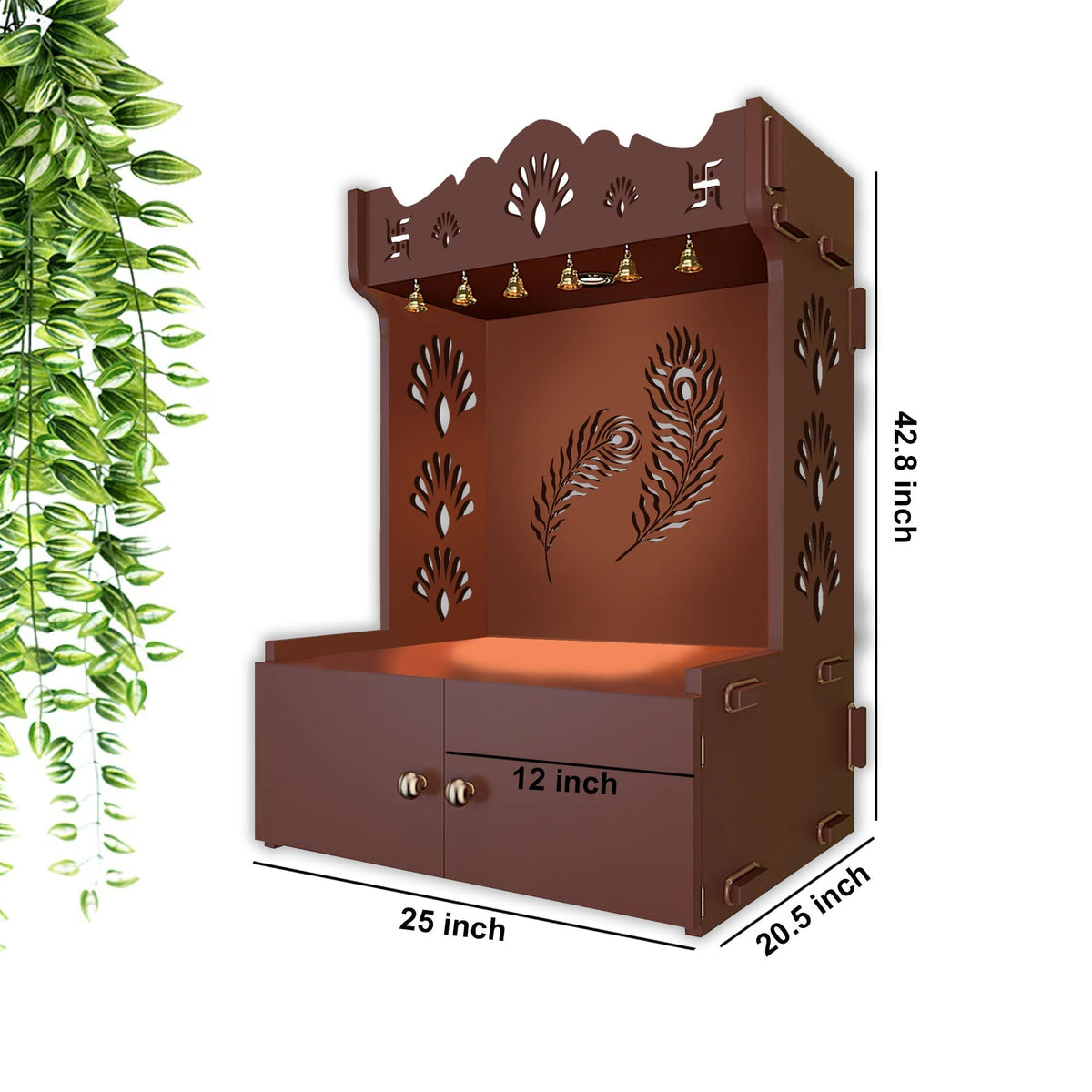 Premium Art of Mor Pankh Floor Temple with Spacious Wooden Shelf & Inbuilt Focus Light- Brown Finish