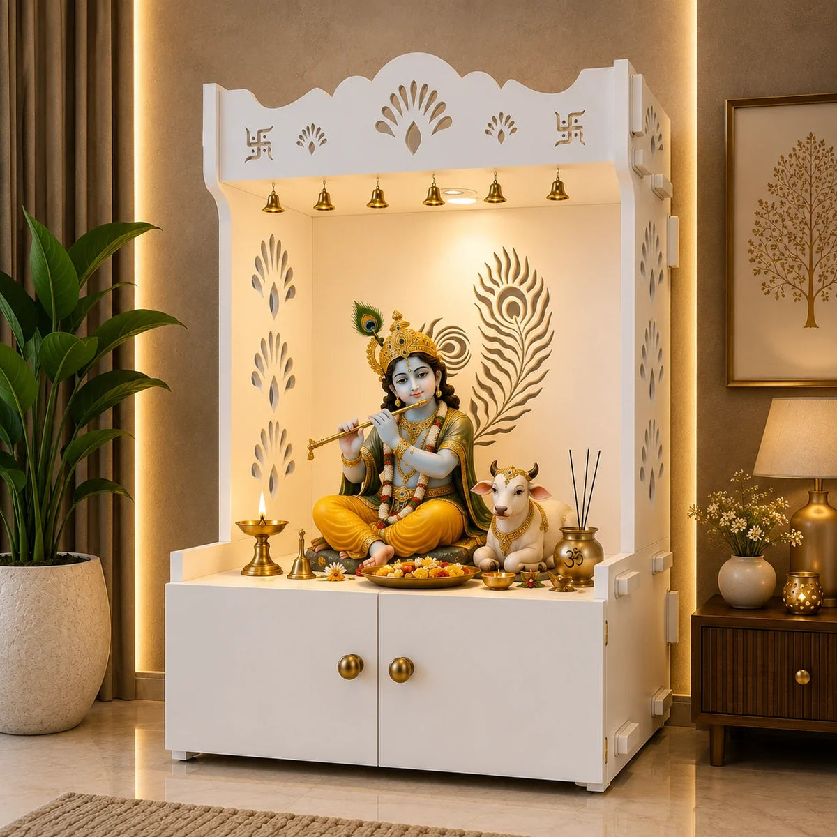 Premium Art of Mor Pankh Floor Temple with Spacious Wooden Shelf & Inbuilt Focus Light- White Finish