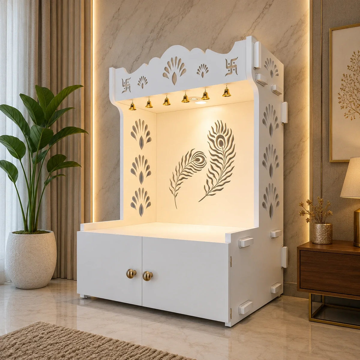 Premium Art of Mor Pankh Floor Temple with Spacious Wooden Shelf & Inbuilt Focus Light- White Finish