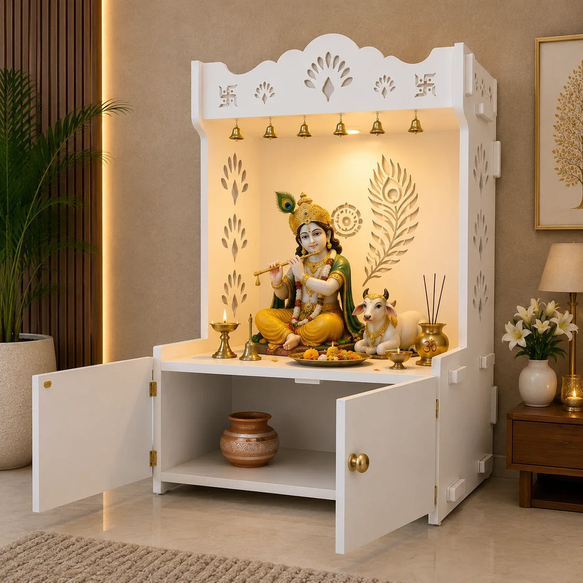 Premium Art of Mor Pankh Floor Temple with Spacious Wooden Shelf & Inbuilt Focus Light- White Finish
