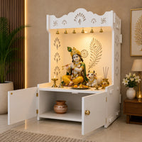 Premium Art of Mor Pankh Floor Temple with Spacious Wooden Shelf & Inbuilt Focus Light- White Finish
