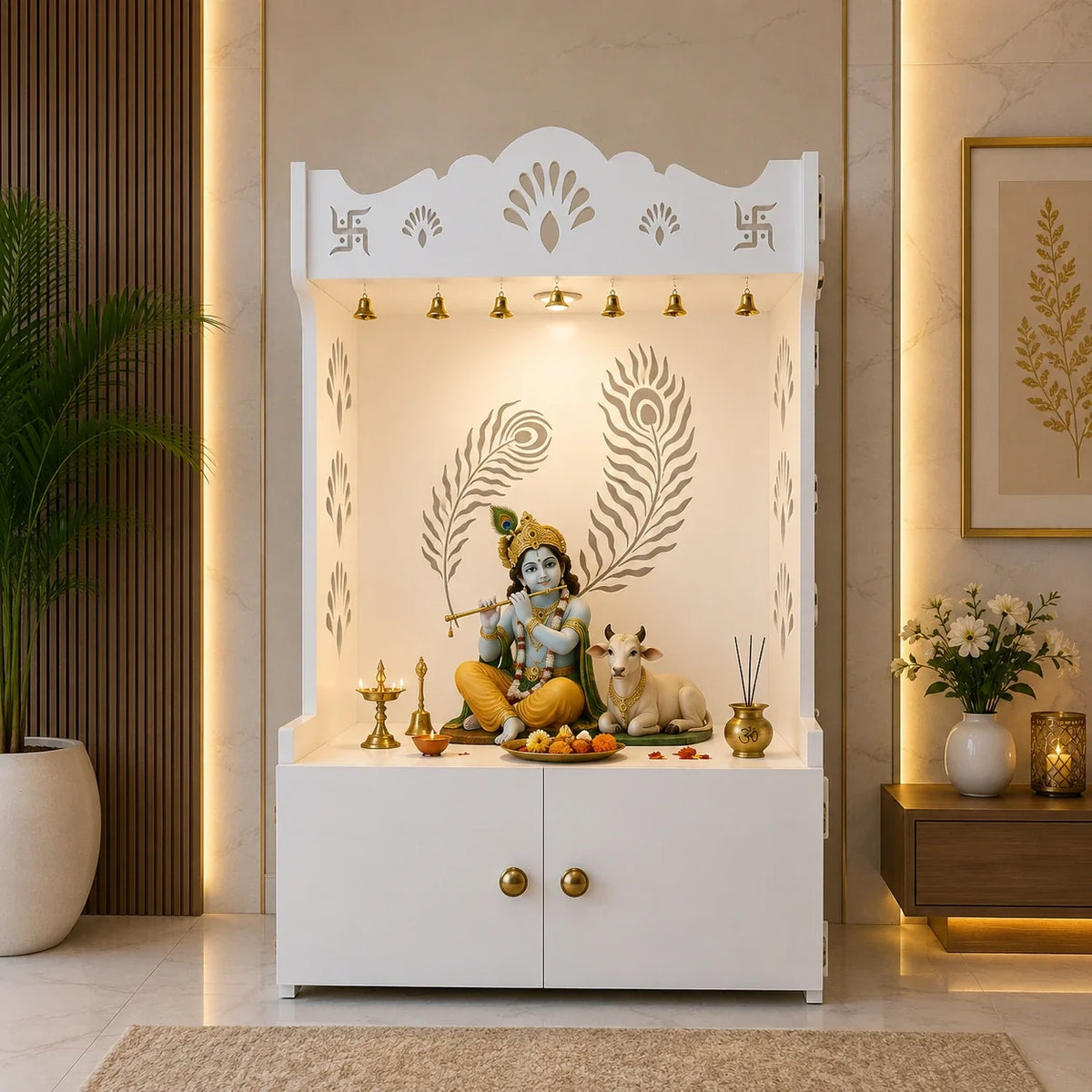 Premium Art of Mor Pankh Floor Temple with Spacious Wooden Shelf & Inbuilt Focus Light- White Finish