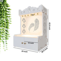Premium Art of Mor Pankh Floor Temple with Spacious Wooden Shelf & Inbuilt Focus Light- White Finish
