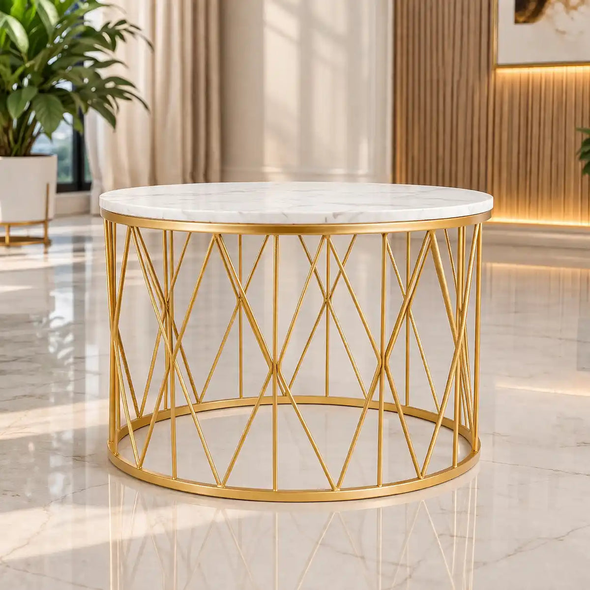 Premium Designer White Marble Round Shape Center Table in Criss Cross Pattern