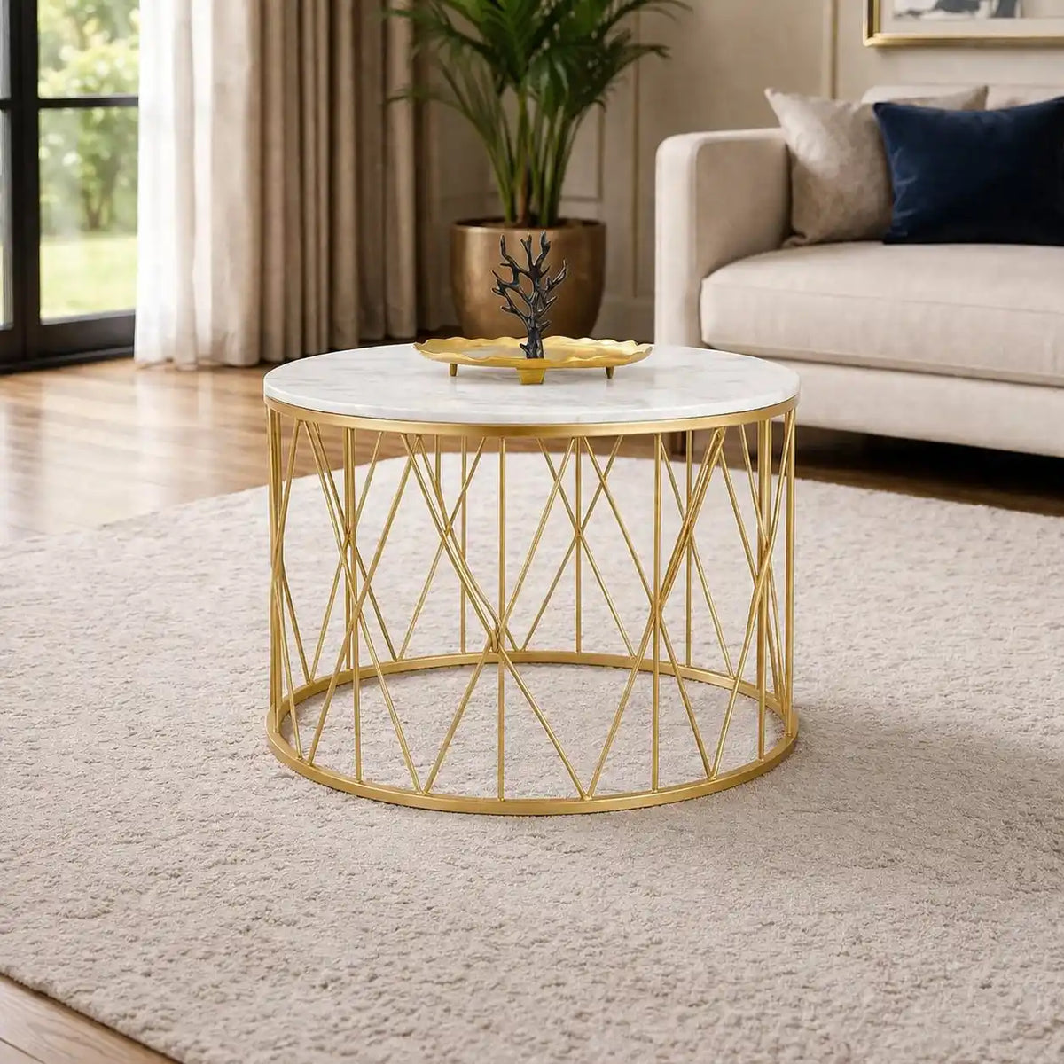 Premium Designer White Marble Round Shape Center Table in Criss Cross Pattern