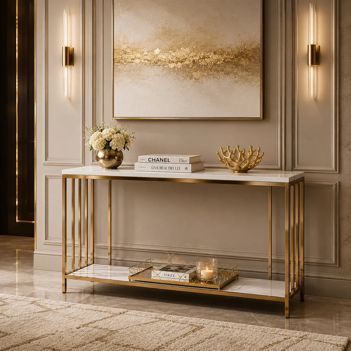 Premium Faux Marble Designer Console Table with Metal Finish