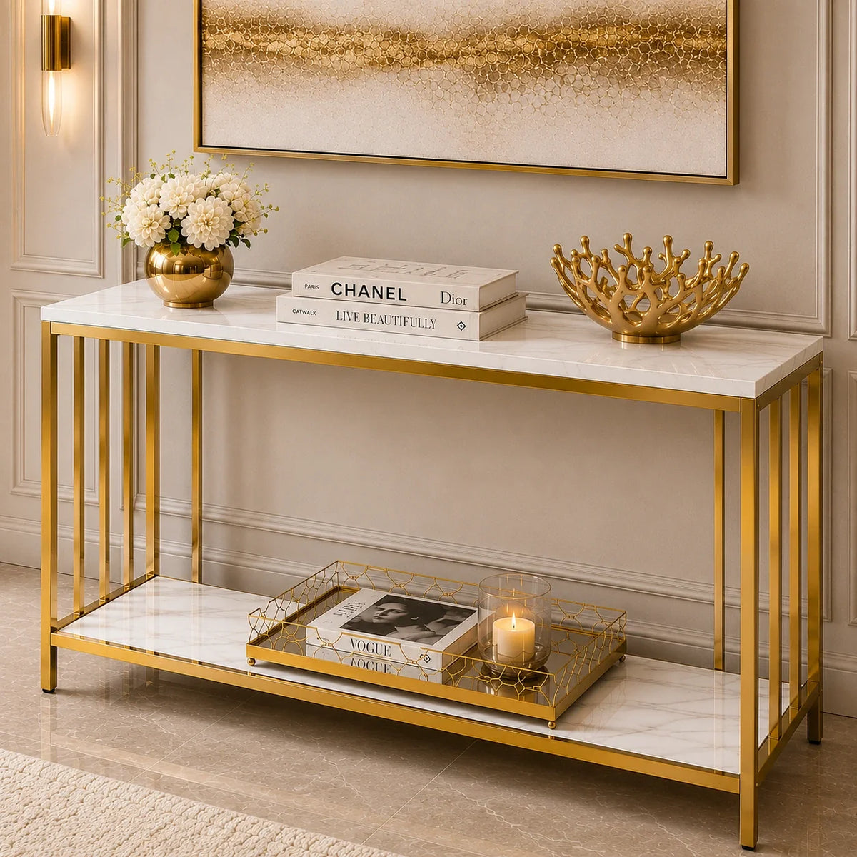 Premium Faux Marble Designer Console Table with Metal Finish