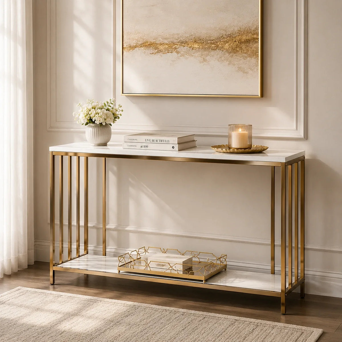 Premium Faux Marble Designer Console Table with Metal Finish