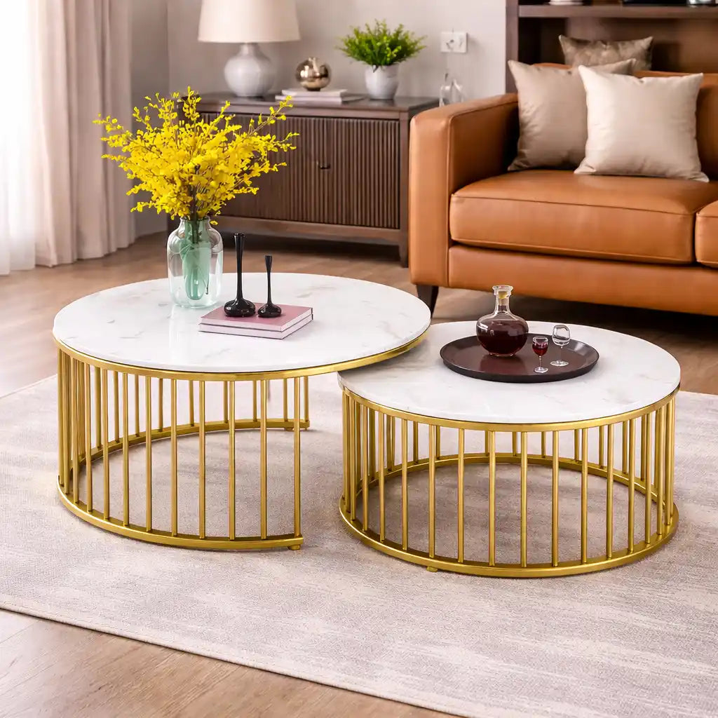 Premium Golden Caged with White Marble Table Set of 2