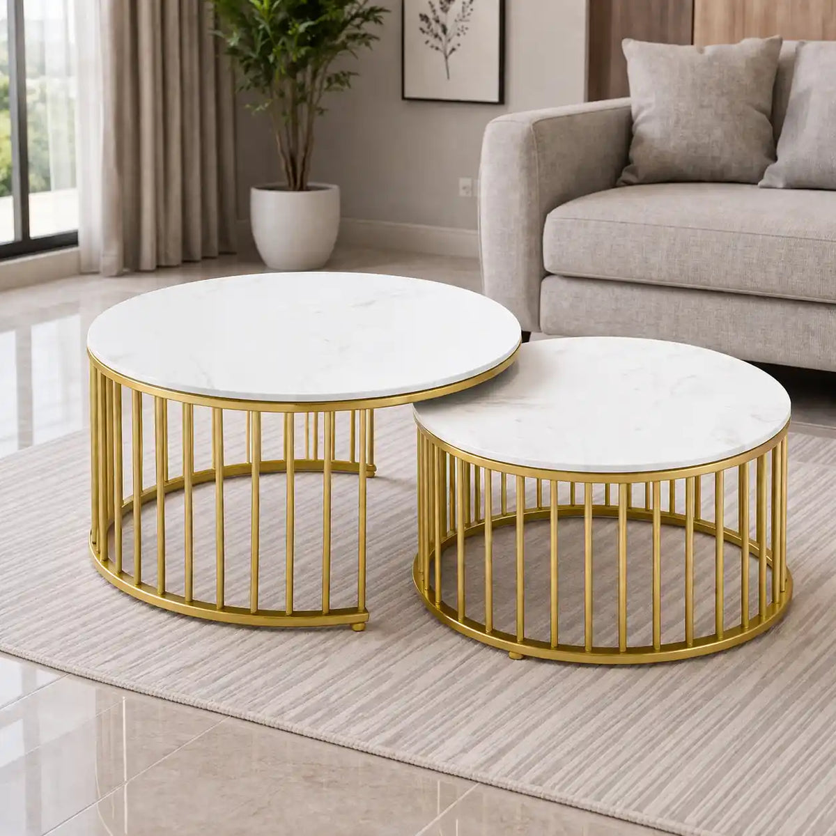 Premium Golden Caged with White Marble Table Set of 2