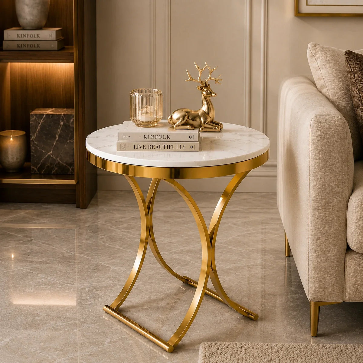 Premium Golden Iron White Round Marble Table