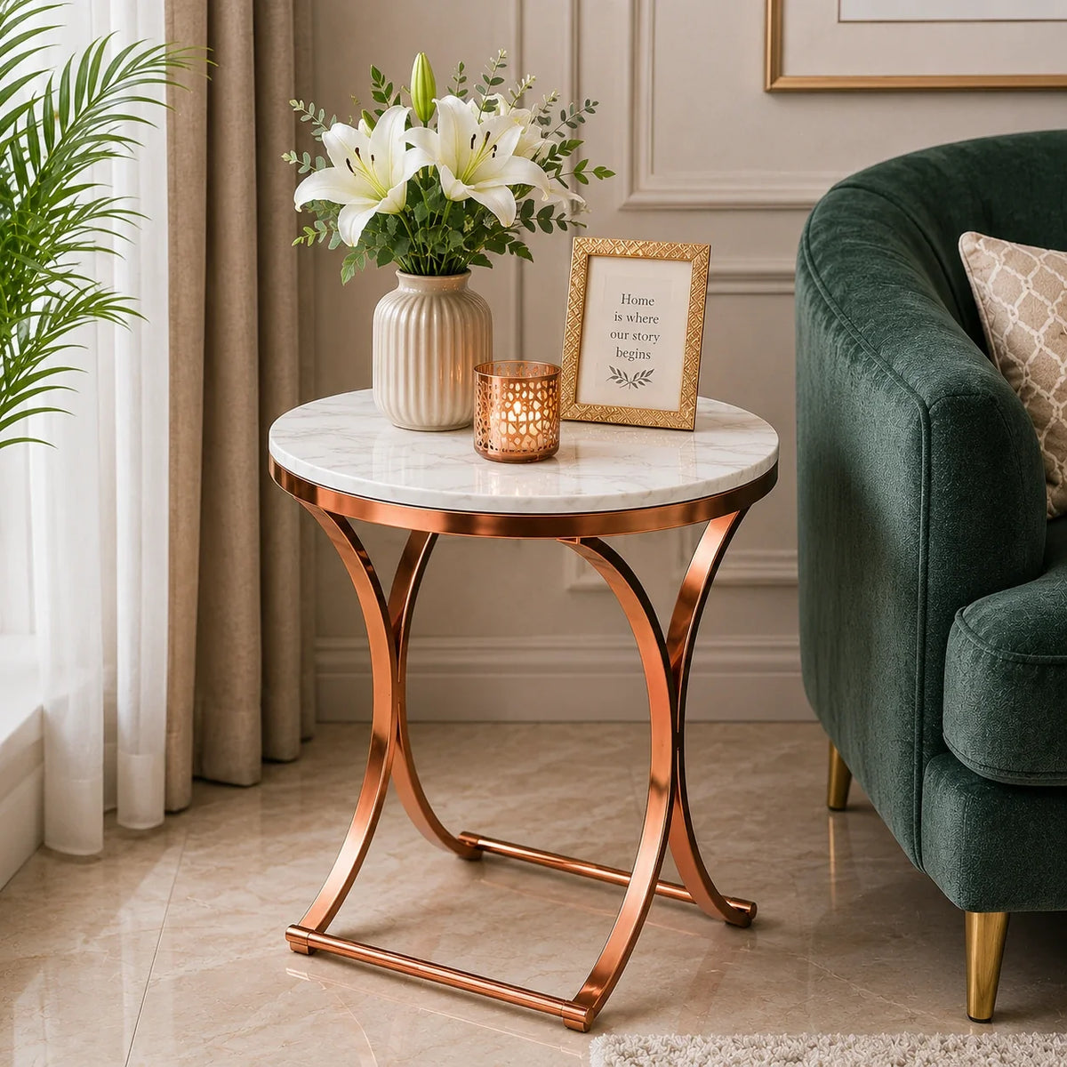 Premium Copper Metal Finish Coffee Side Table with Marble Top