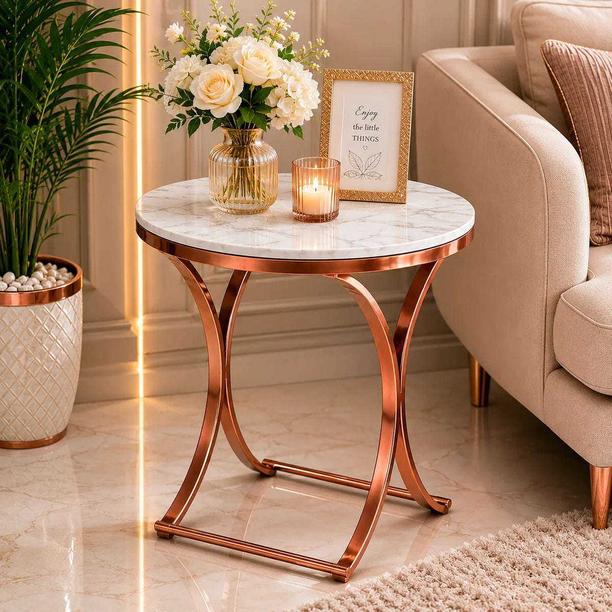 Premium Copper Metal Finish Coffee Side Table with Marble Top