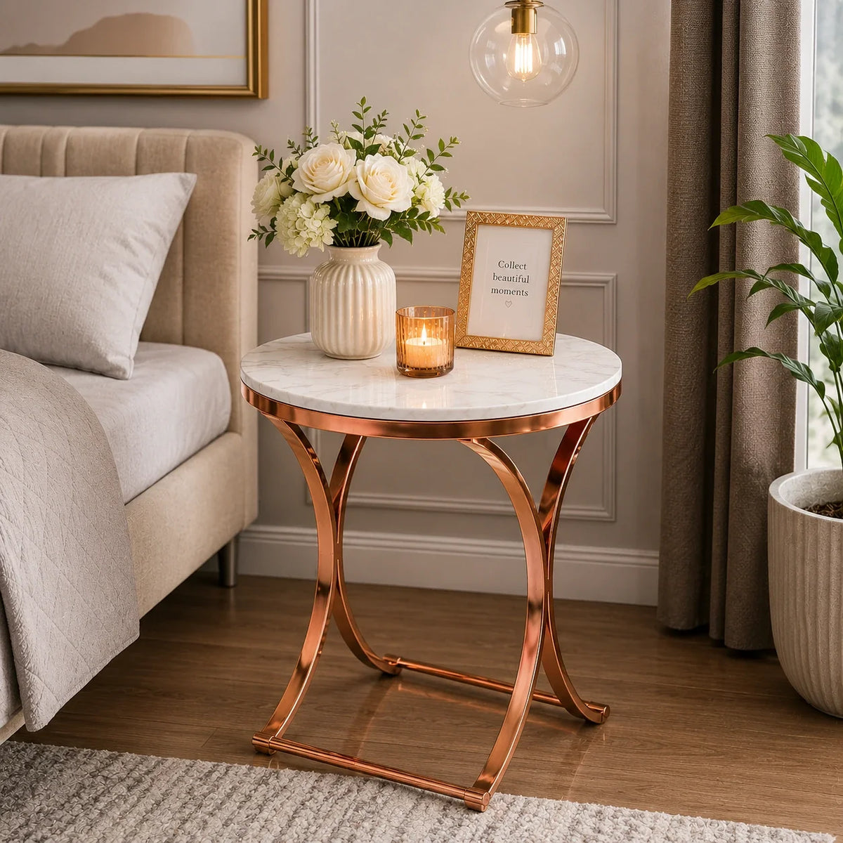 Premium Copper Metal Finish Coffee Side Table with Marble Top