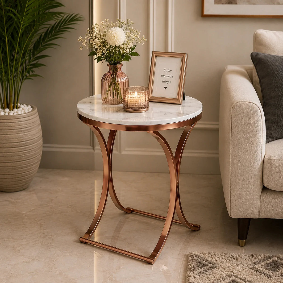 Premium Copper Metal Finish Coffee Side Table with Marble Top
