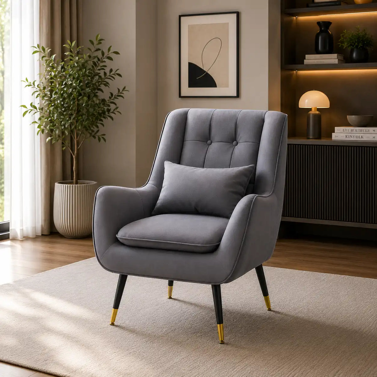 Premium Grey Thick Padded Velvet Sofa Lounge Chair with Cushion