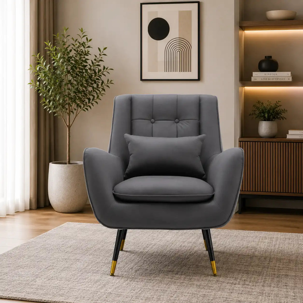 Premium Grey Thick Padded Velvet Sofa Lounge Chair with Cushion