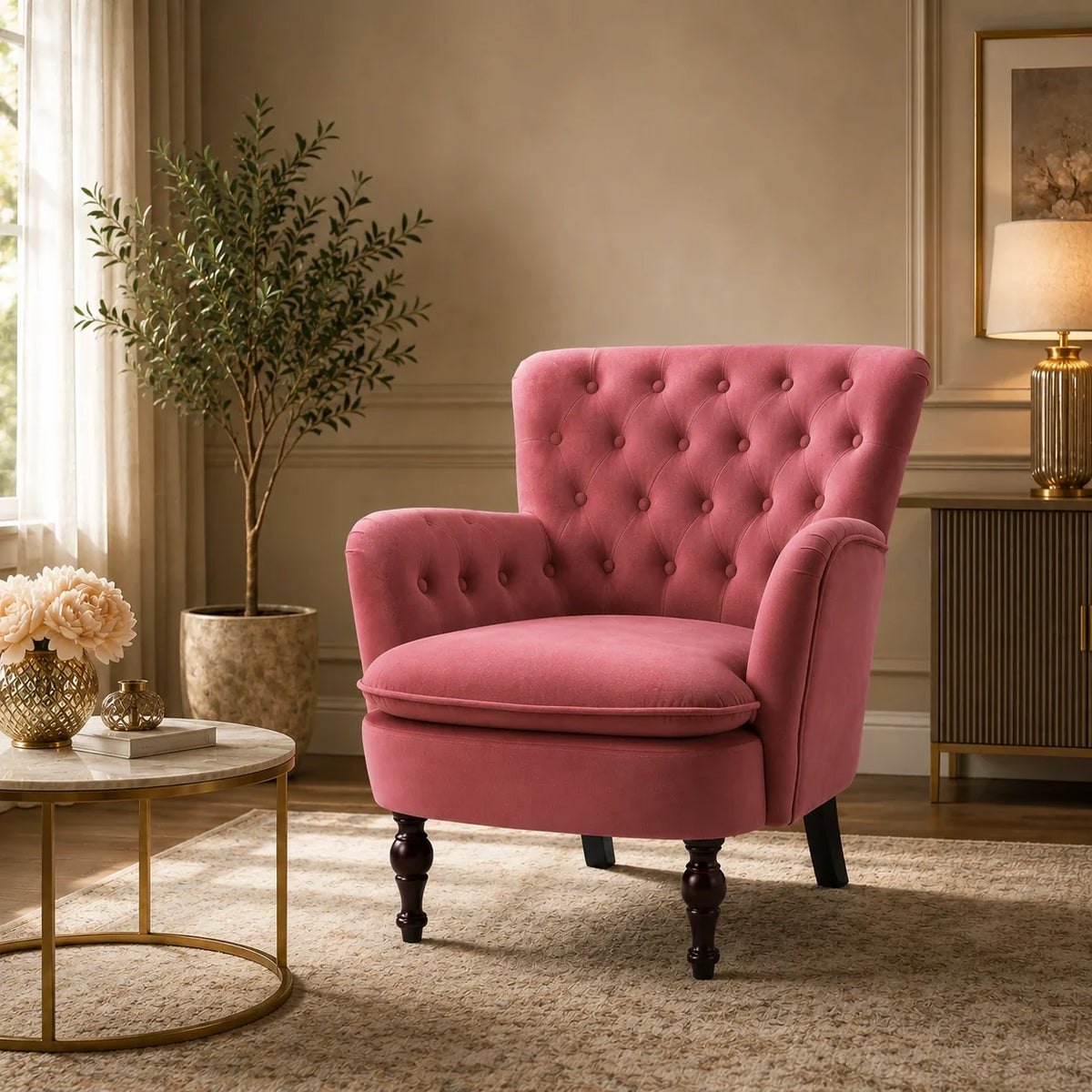 Premium Perfect Cushiony Tufted Super Comfy Blush Velvet Sofa Lounge Chair