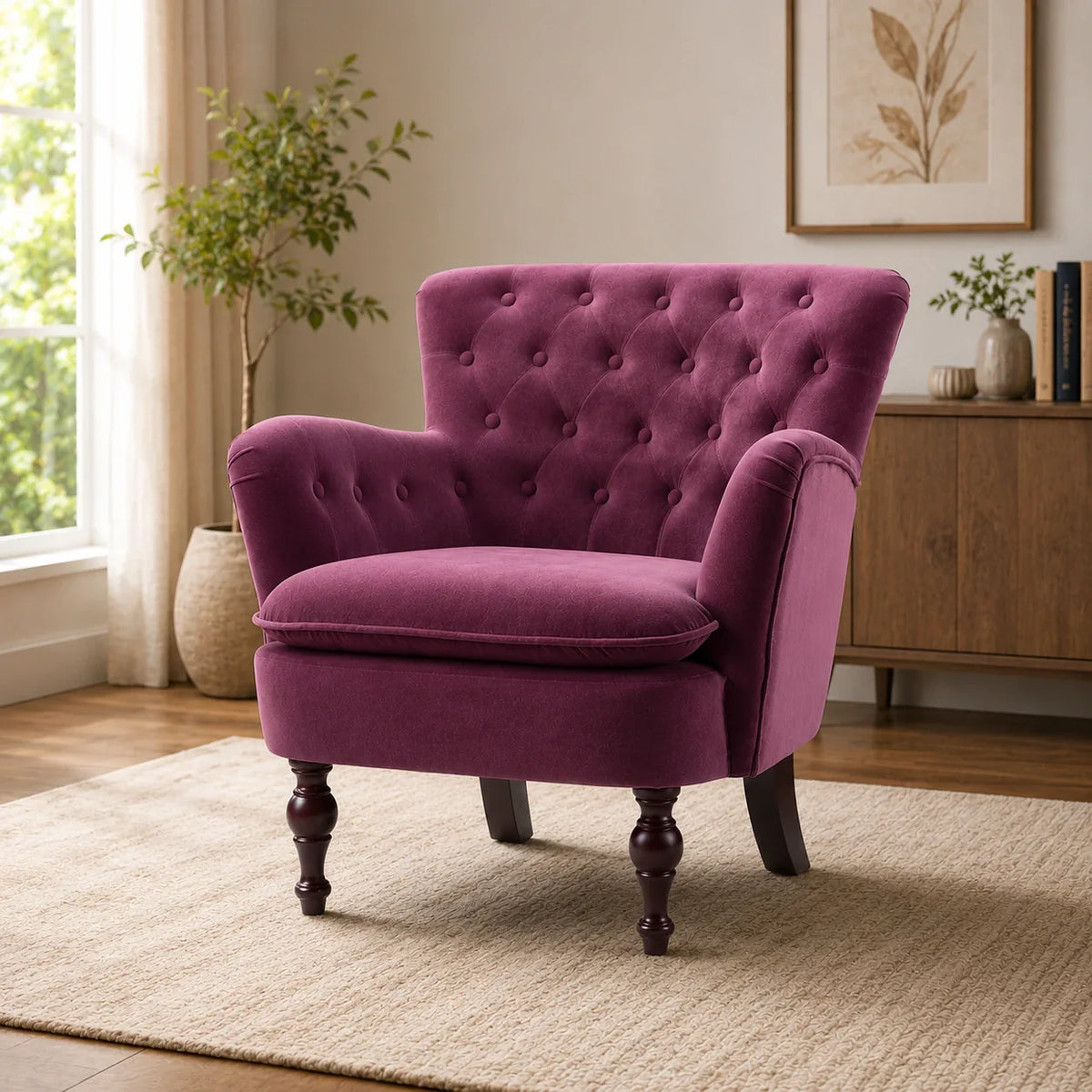 Premium Perfect Cushiony Tufted Super Comfy Magenta Velvet Sofa Lounge Chair