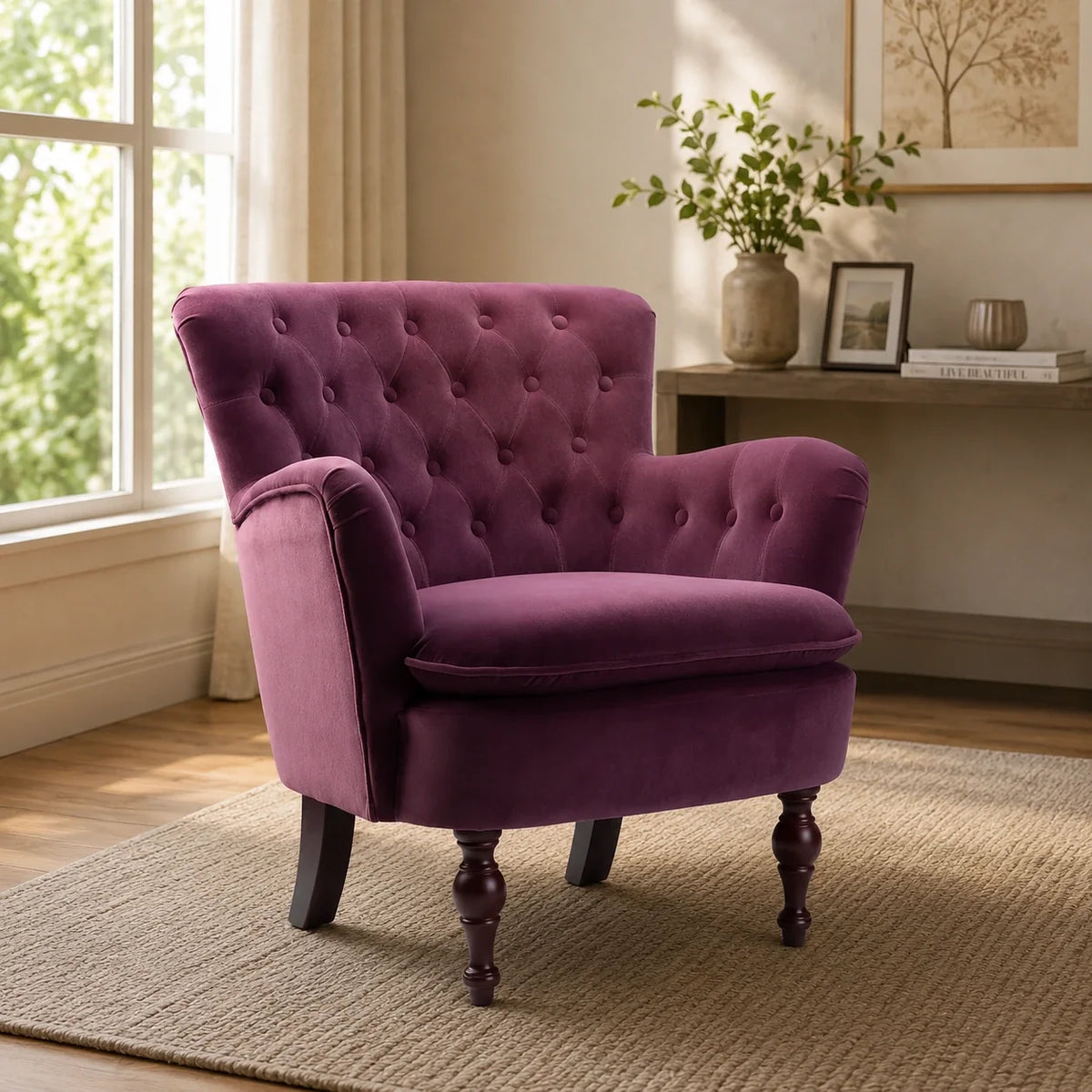 Premium Perfect Cushiony Tufted Super Comfy Magenta Velvet Sofa Lounge Chair
