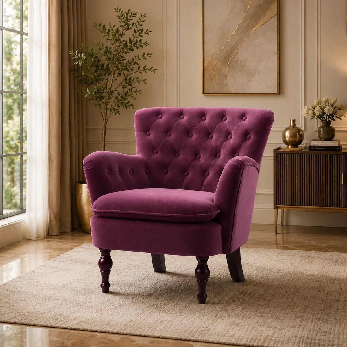 Premium Perfect Cushiony Tufted Super Comfy Magenta Velvet Sofa Lounge Chair