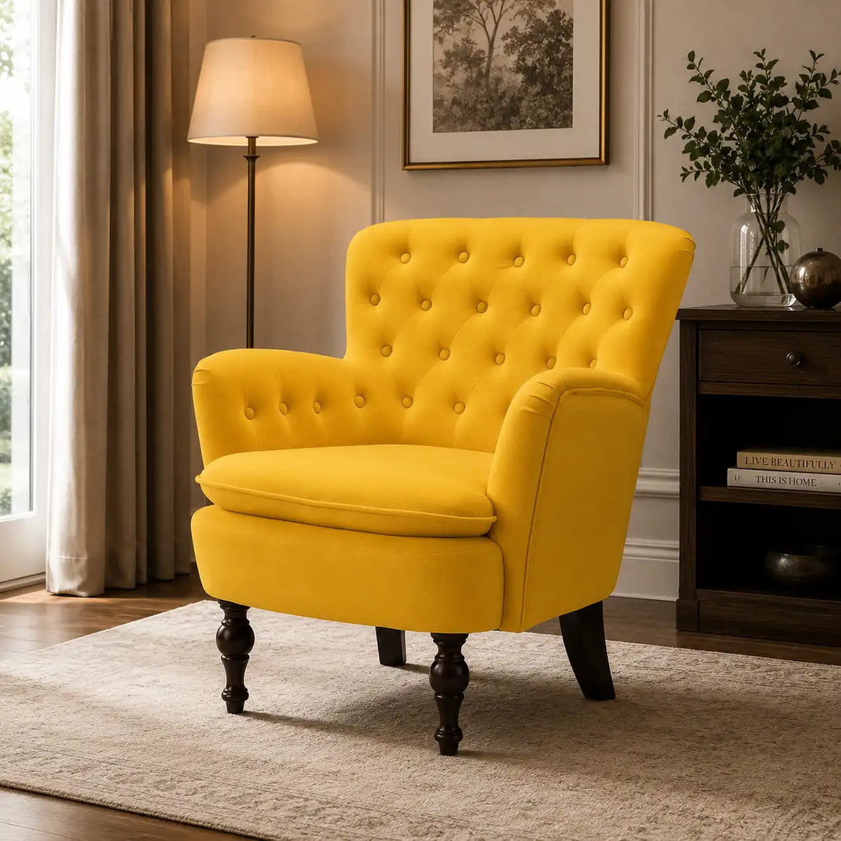 Premium Perfect Cushiony Tufted Super Comfy Yellow Velvet Sofa Lounge Chair