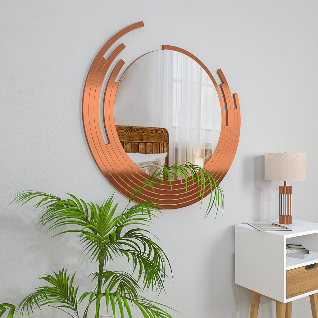 Premium Quality Asymmetric Designer Copper Finish Round Wall Mirror