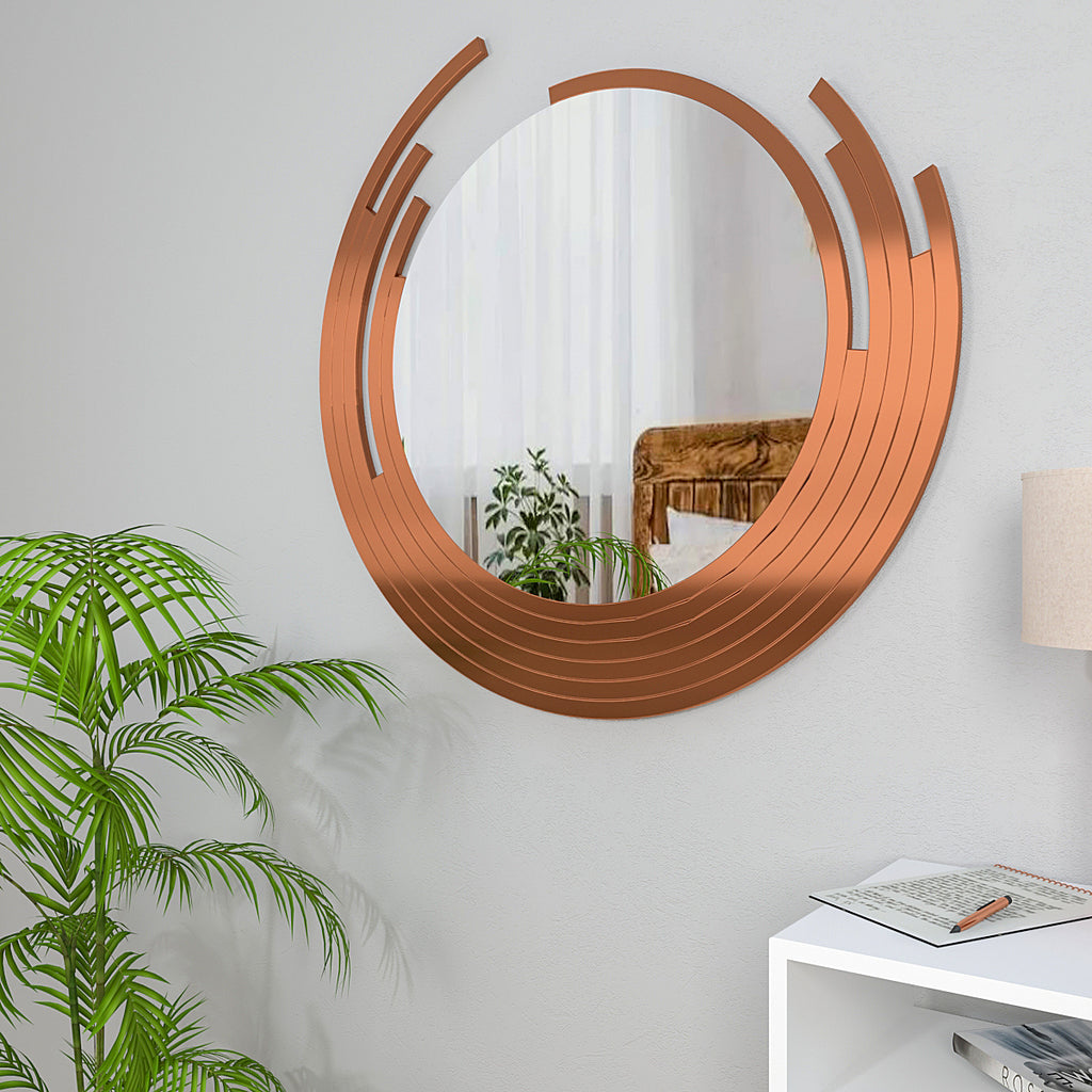 Premium Quality Asymmetric Designer Copper Finish Round Wall Mirror