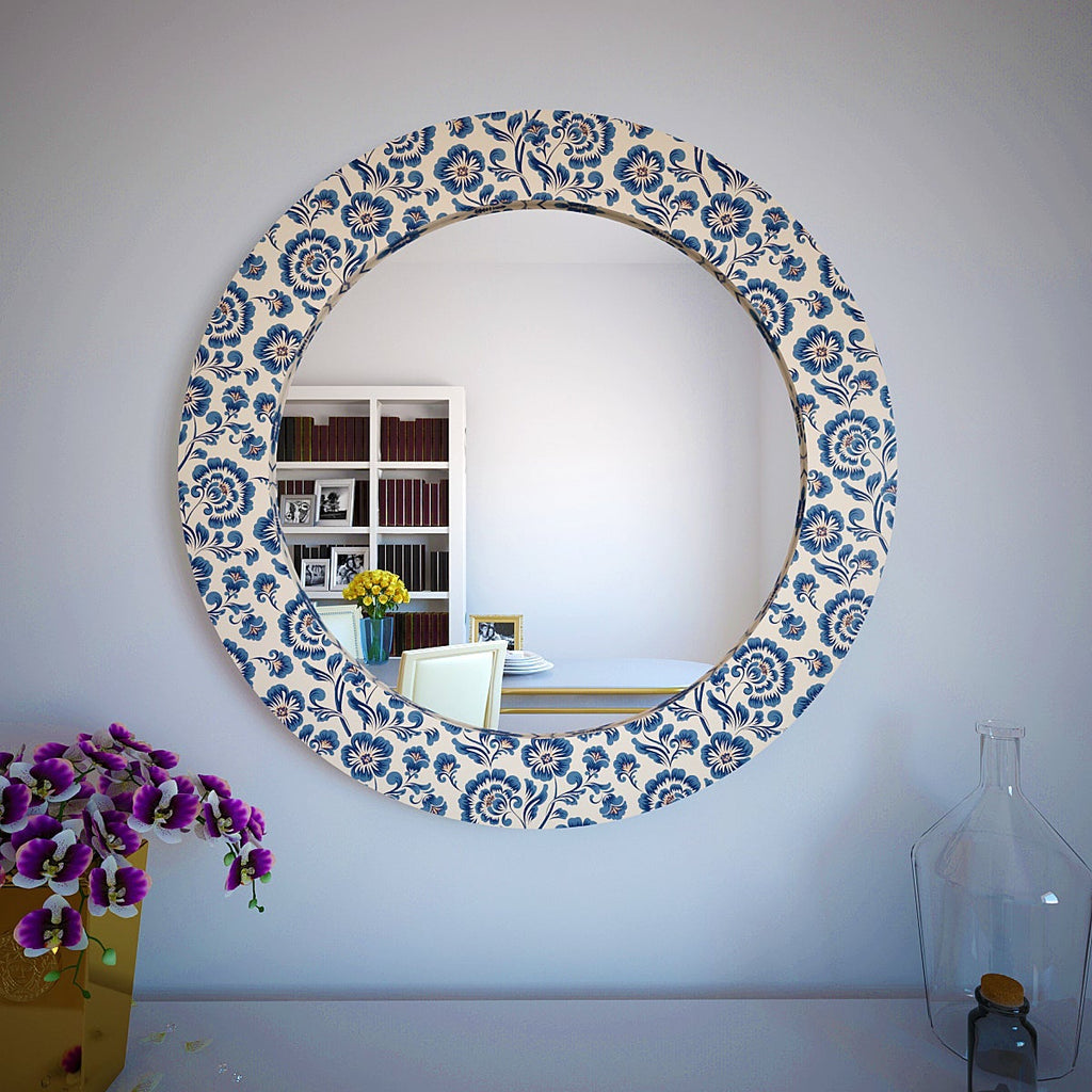 Premium Round Enchanting Blue Flowers Printed Frame Acrylic Wall Mirror