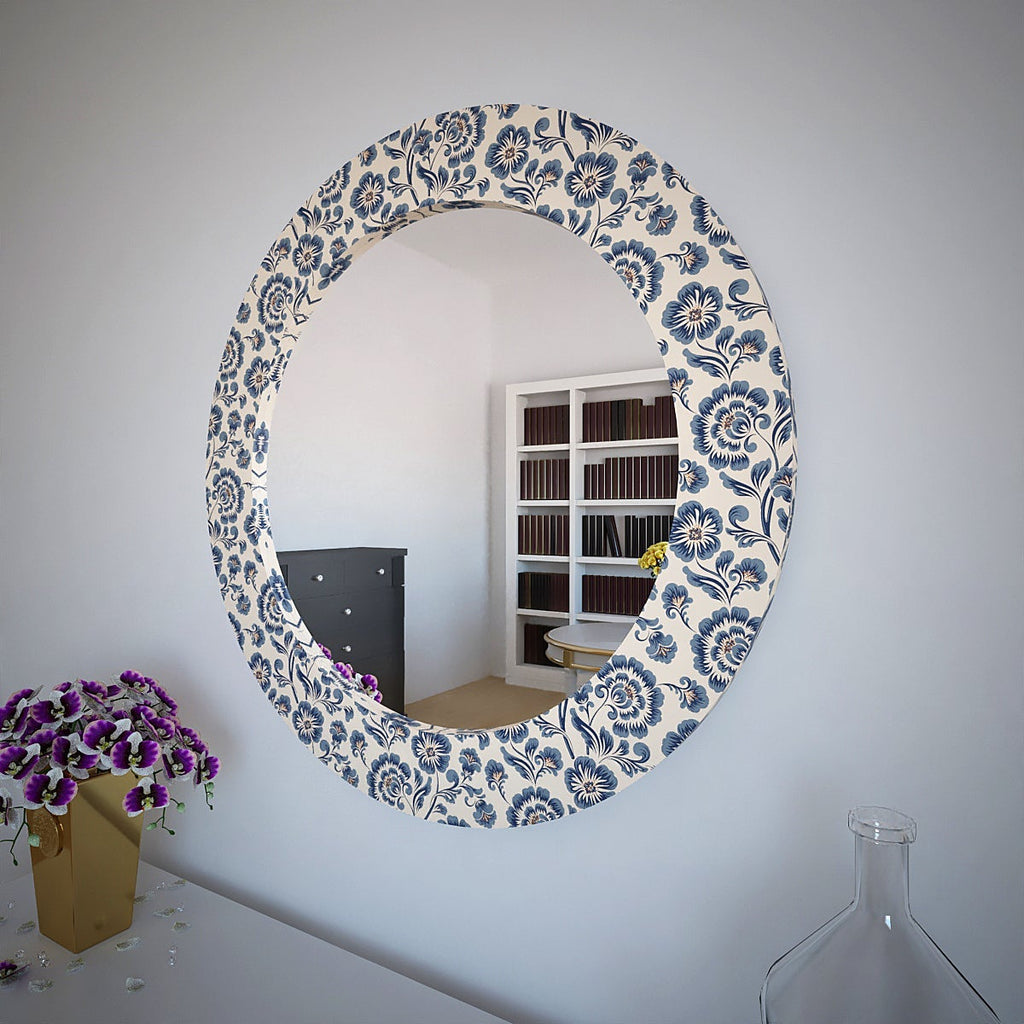 Premium Round Enchanting Blue Flowers Printed Frame Acrylic Wall Mirror