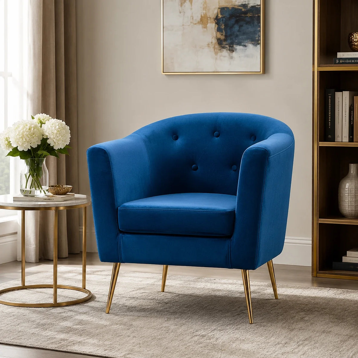 Premium Royal Blue Tufted Round Back Cushiony Sofa Lounge Chair
