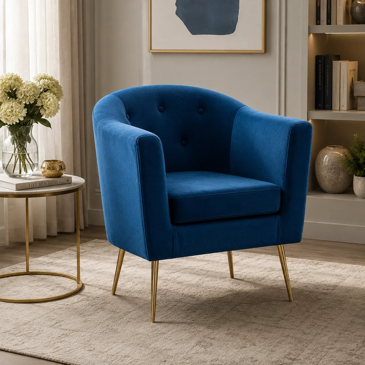 Premium Royal Blue Tufted Round Back Cushiony Sofa Lounge Chair