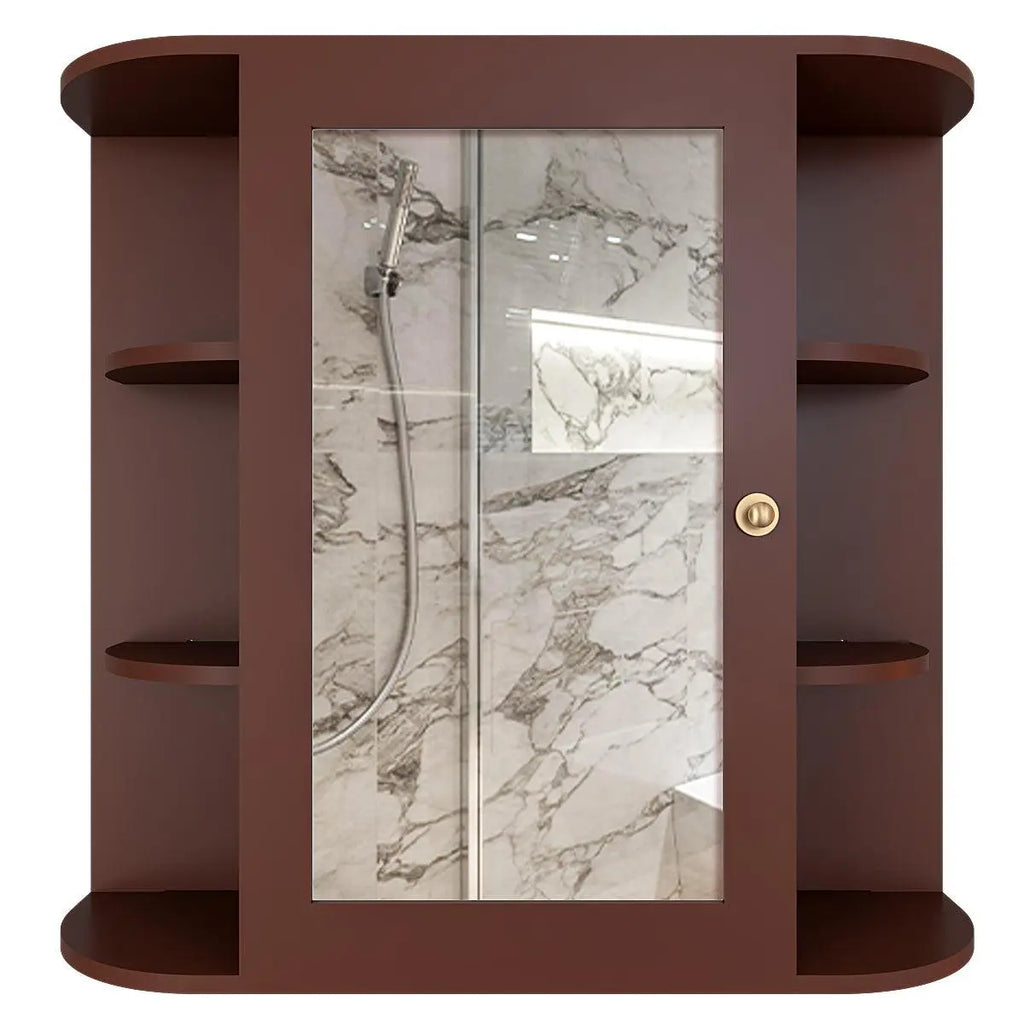 Premium Wooden Bathroom Cabinet Mirror with 10 Spacious Shelves with Brown Finish