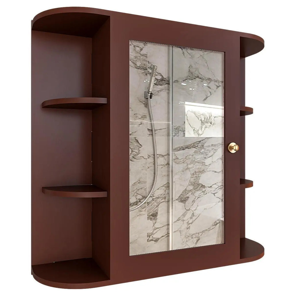 Premium Wooden Bathroom Cabinet Mirror with 10 Spacious Shelves with Brown Finish