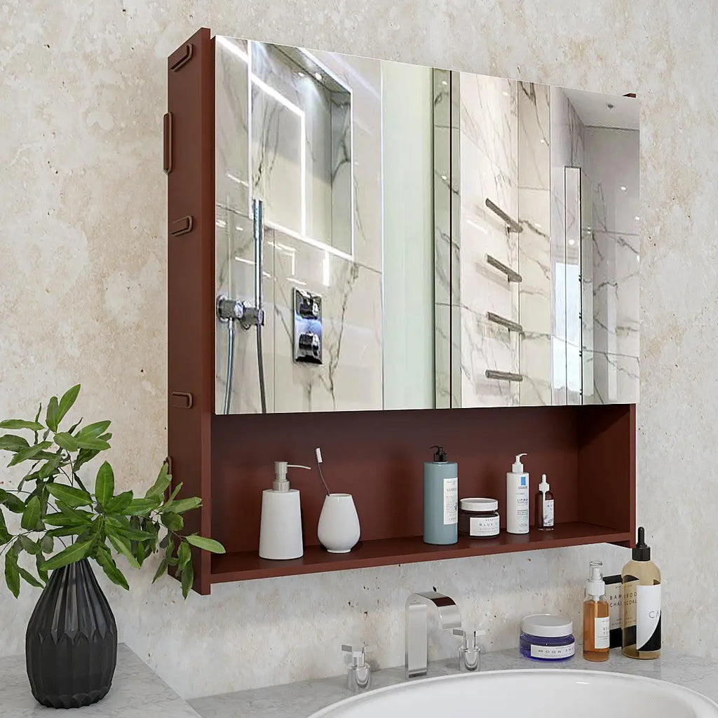 Premium Wooden Bathroom Organizer Cabinet with Mirror & 4 Spacious Shelves with Brown Finish