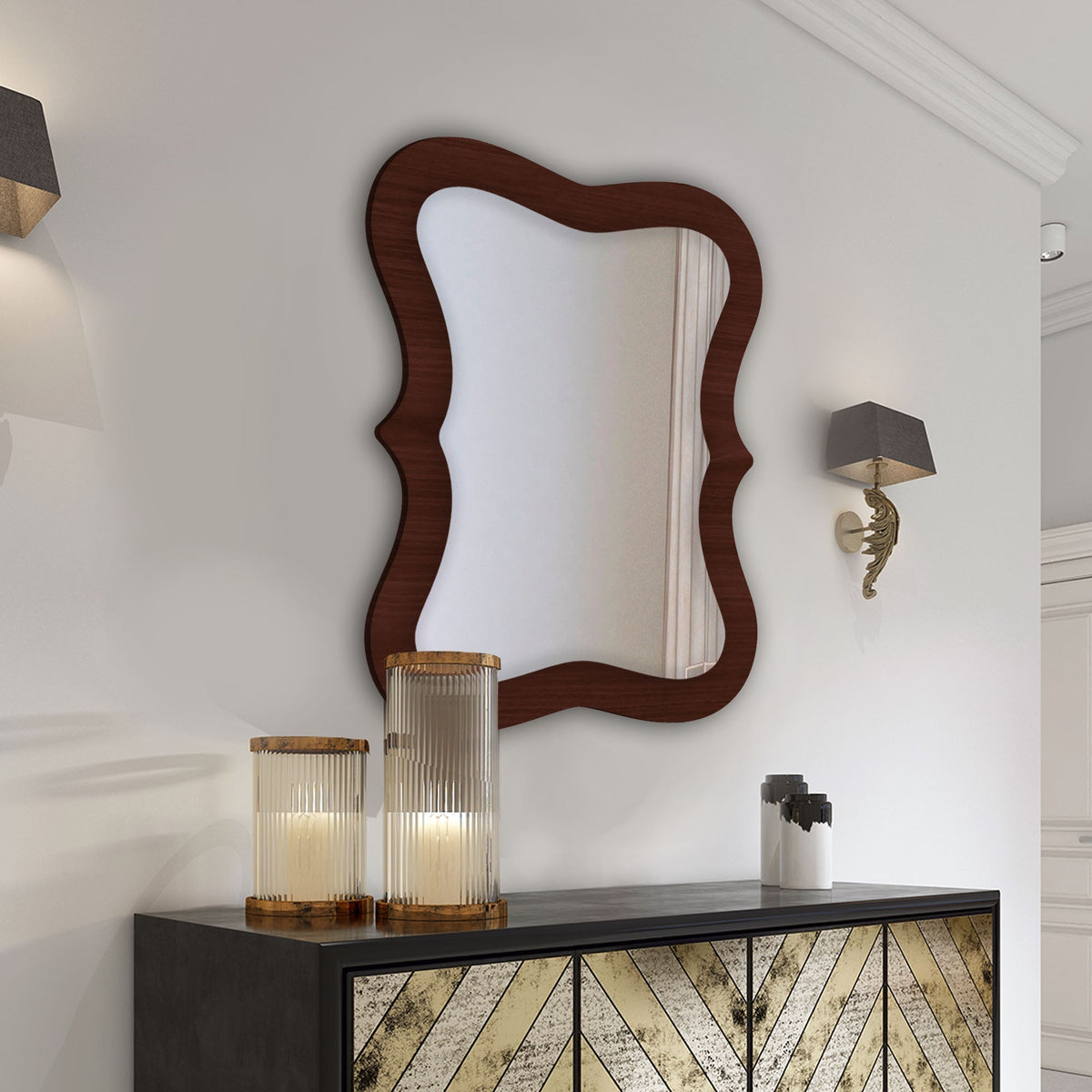 Rectangular Wavy Shaped Wooden Wall Mirror