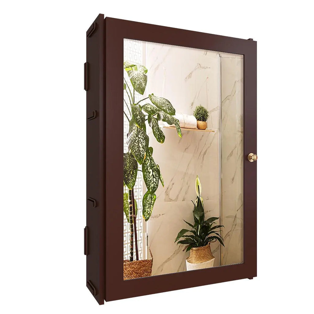 Rectangular Wooden Bathroom Cabinet Mirror with 3 Spacious Shelves with Solid Brown Finish