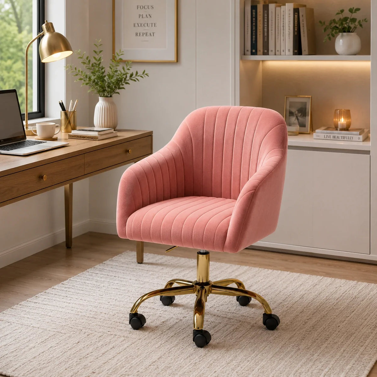 Refined Baby Pink Tufted Velvet Comfy Armchair with Golden Legs