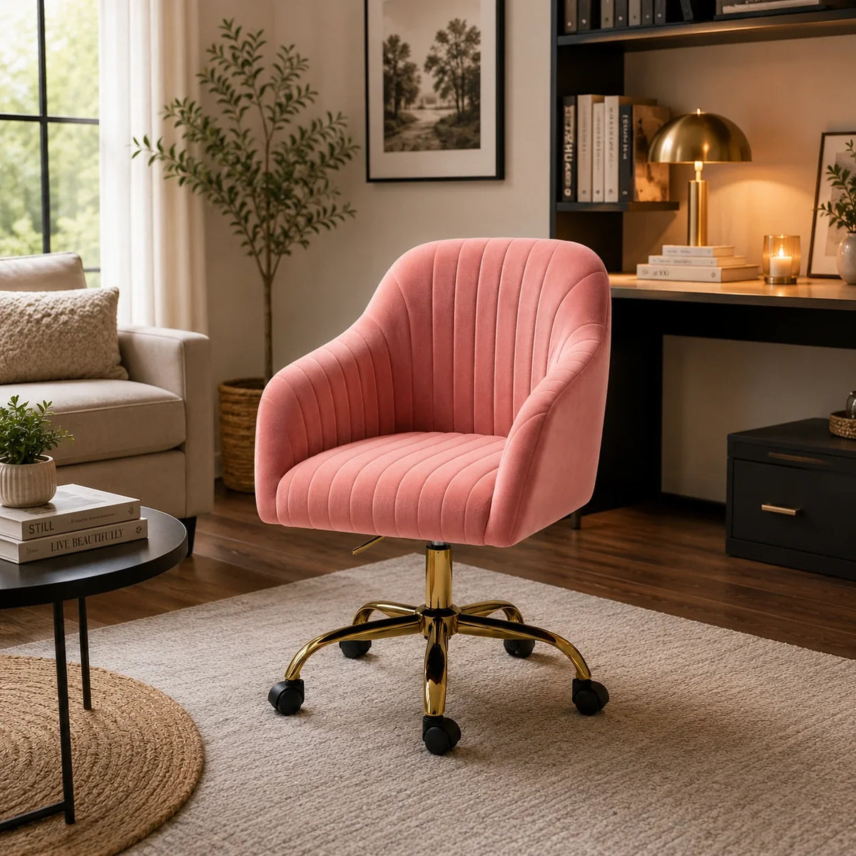 Refined Baby Pink Tufted Velvet Comfy Armchair with Golden Legs
