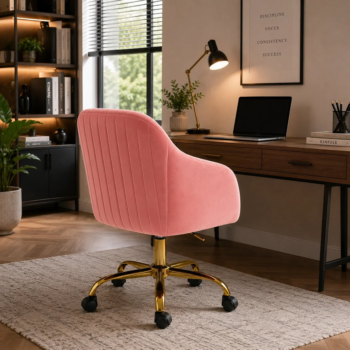 Refined Baby Pink Tufted Velvet Comfy Armchair with Golden Legs