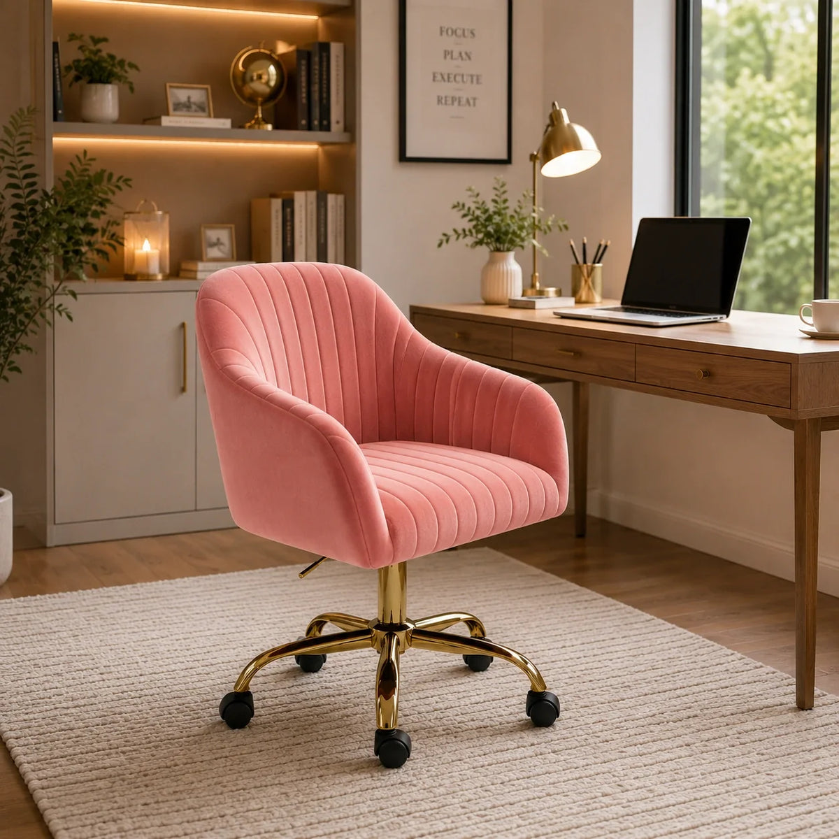 Refined Baby Pink Tufted Velvet Comfy Armchair with Golden Legs