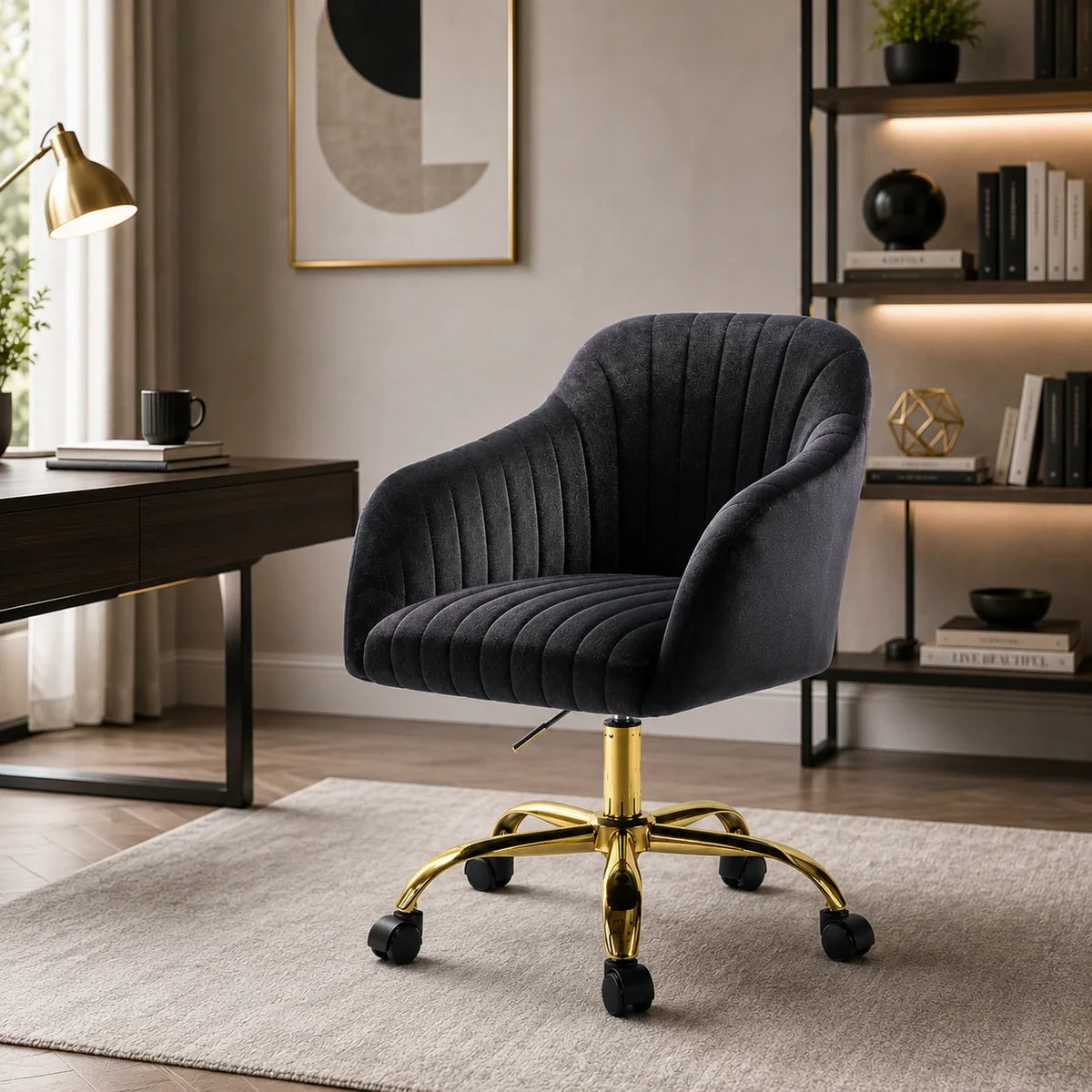 Refined Black Tufted Velvet Premium Armchair with Golden Legs