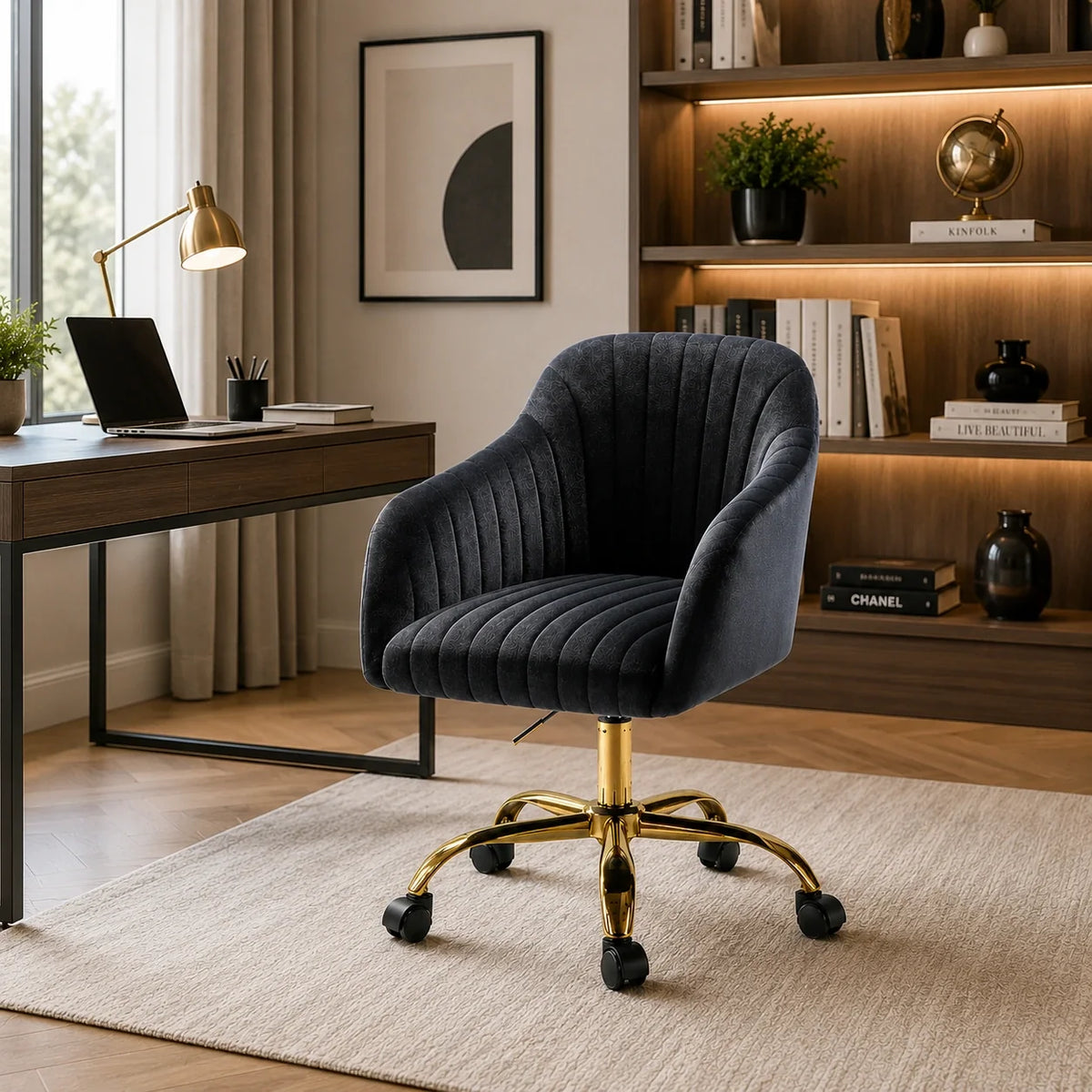 Refined Black Tufted Velvet Premium Armchair with Golden Legs