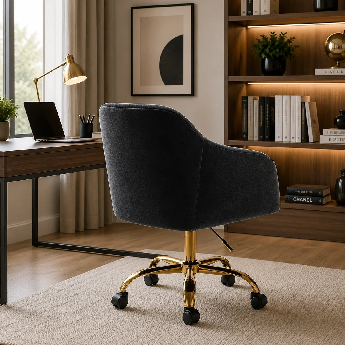 Refined Black Tufted Velvet Premium Armchair with Golden Legs